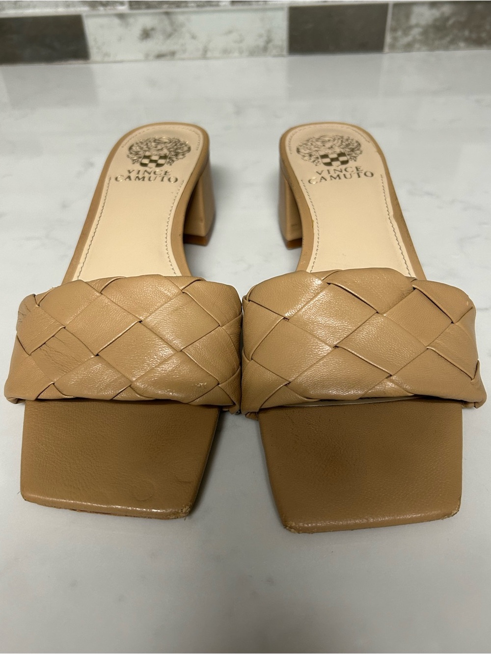 Vince Camuto Woven Block Heel Slide Sandals Tan Leather Size 7M